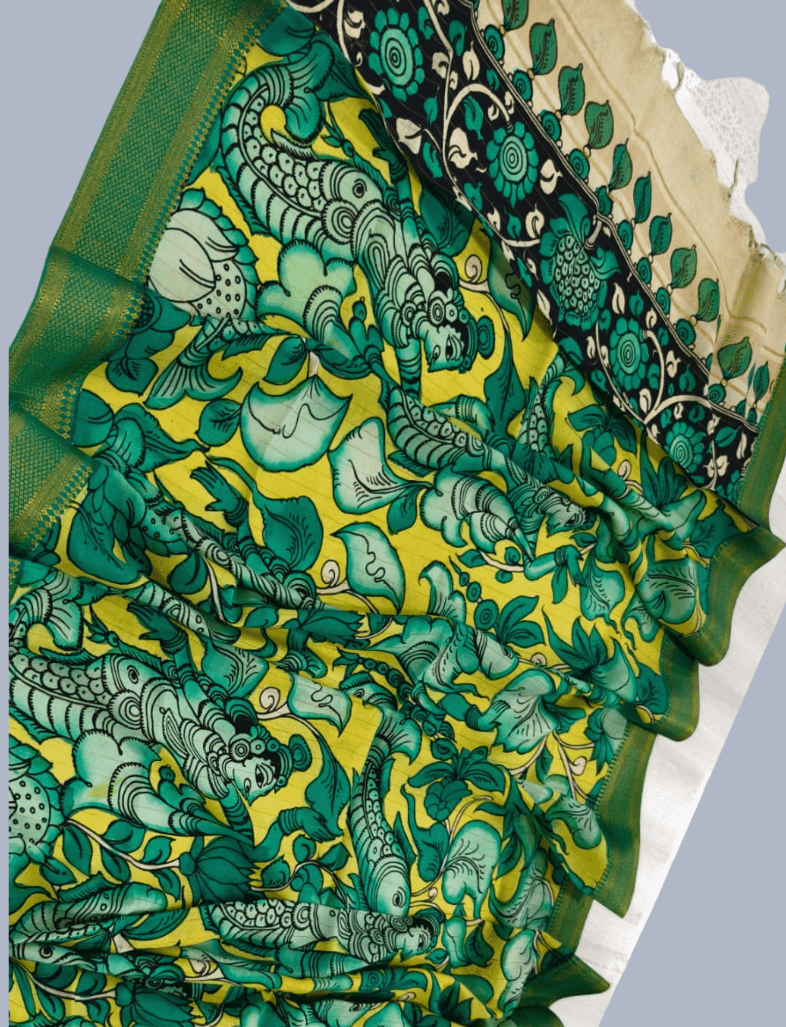 Bangalore Silk Pen kalamkari dupatta in Bright Yellow -048 - indeloom