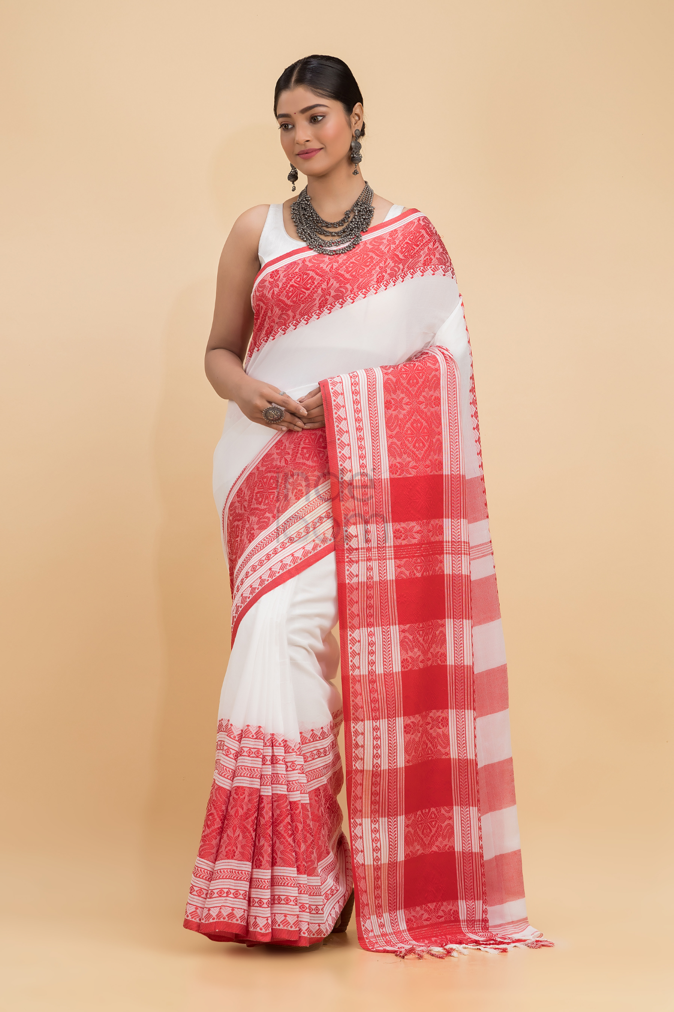 Dewali Saree Hnadloom Cotton in Red and White-004