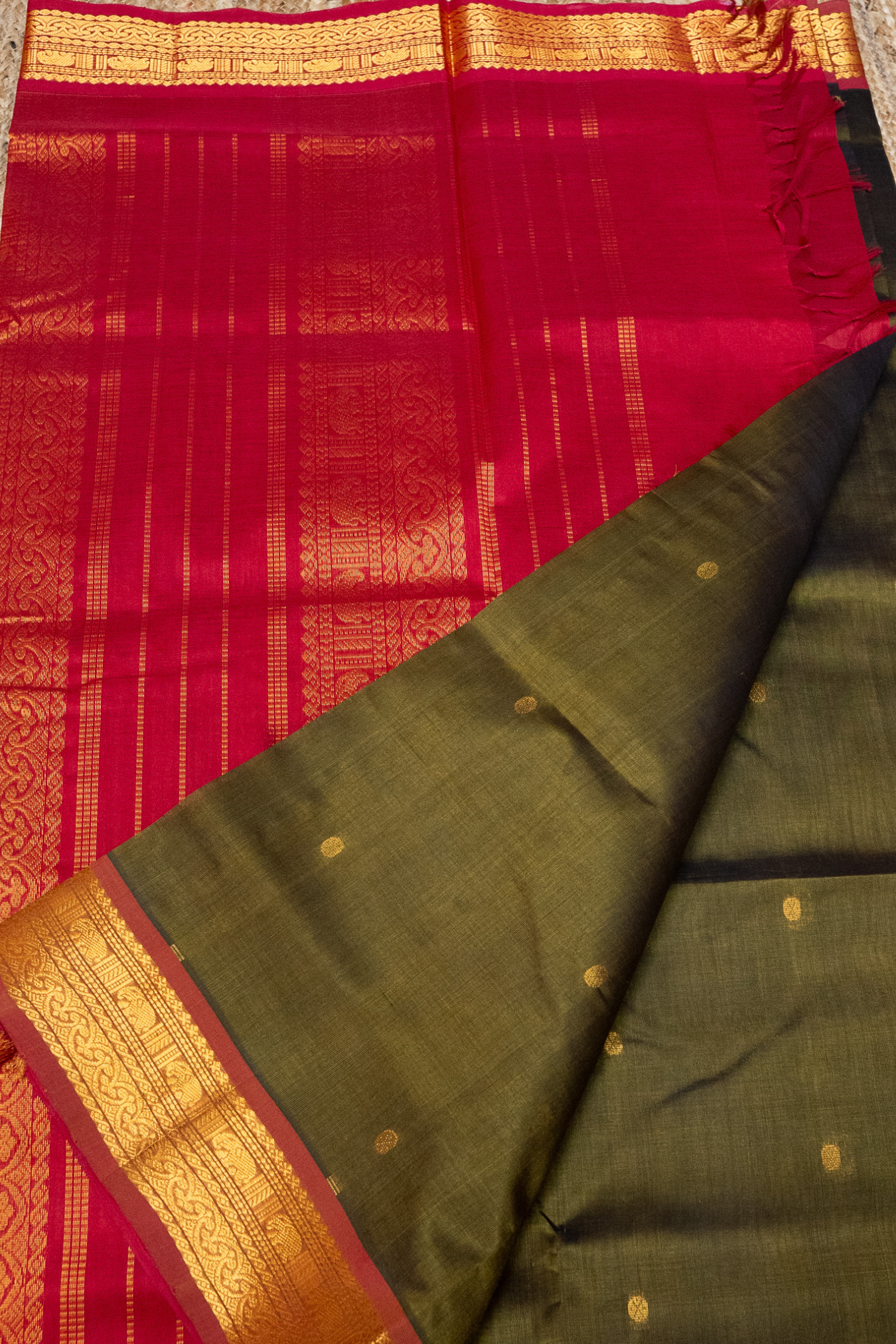 Forest Green And Golden Red Border with small buttas Korvai Saree -157