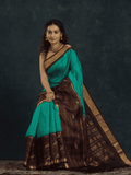 Pure Handloom Korvai Silk Cotton Saree in Mint Green and rich Chocolate Brown Border - 140