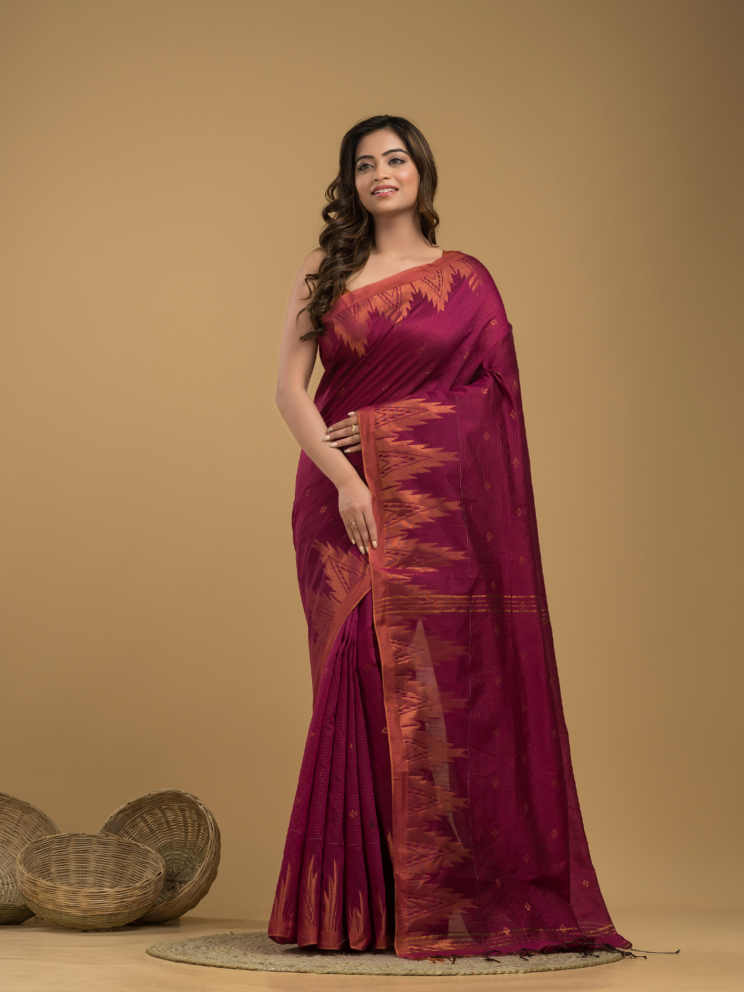 Rose Red Cotton Silk Jamdani Saree - 024