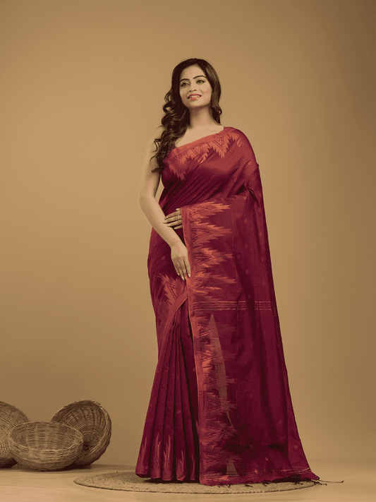 Rose Red Cotton Silk Jamdani Saree - 024