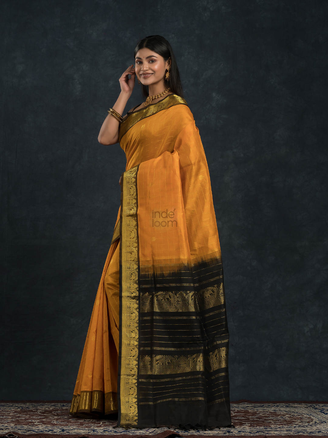 Korvai Saree Checks with small buttas Golden Yellow with Black Border - 139