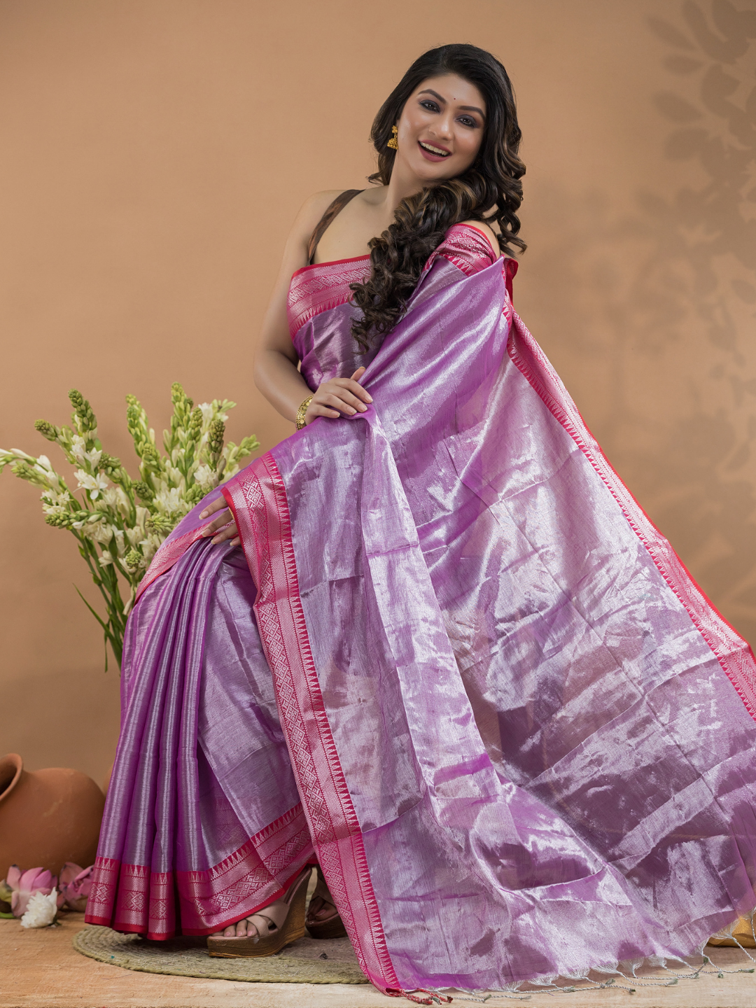 Shaded Golden Pink Tissue Silk Saree-034