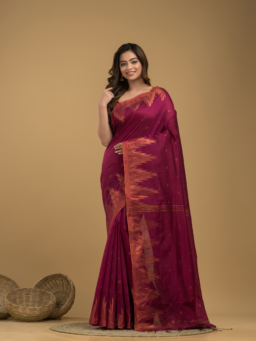 Rose Red Cotton Silk Jamdani Saree - 024