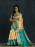 Pure Handloom Korvai Silk Cotton Saree in Light Yellow and Blue Border - 111