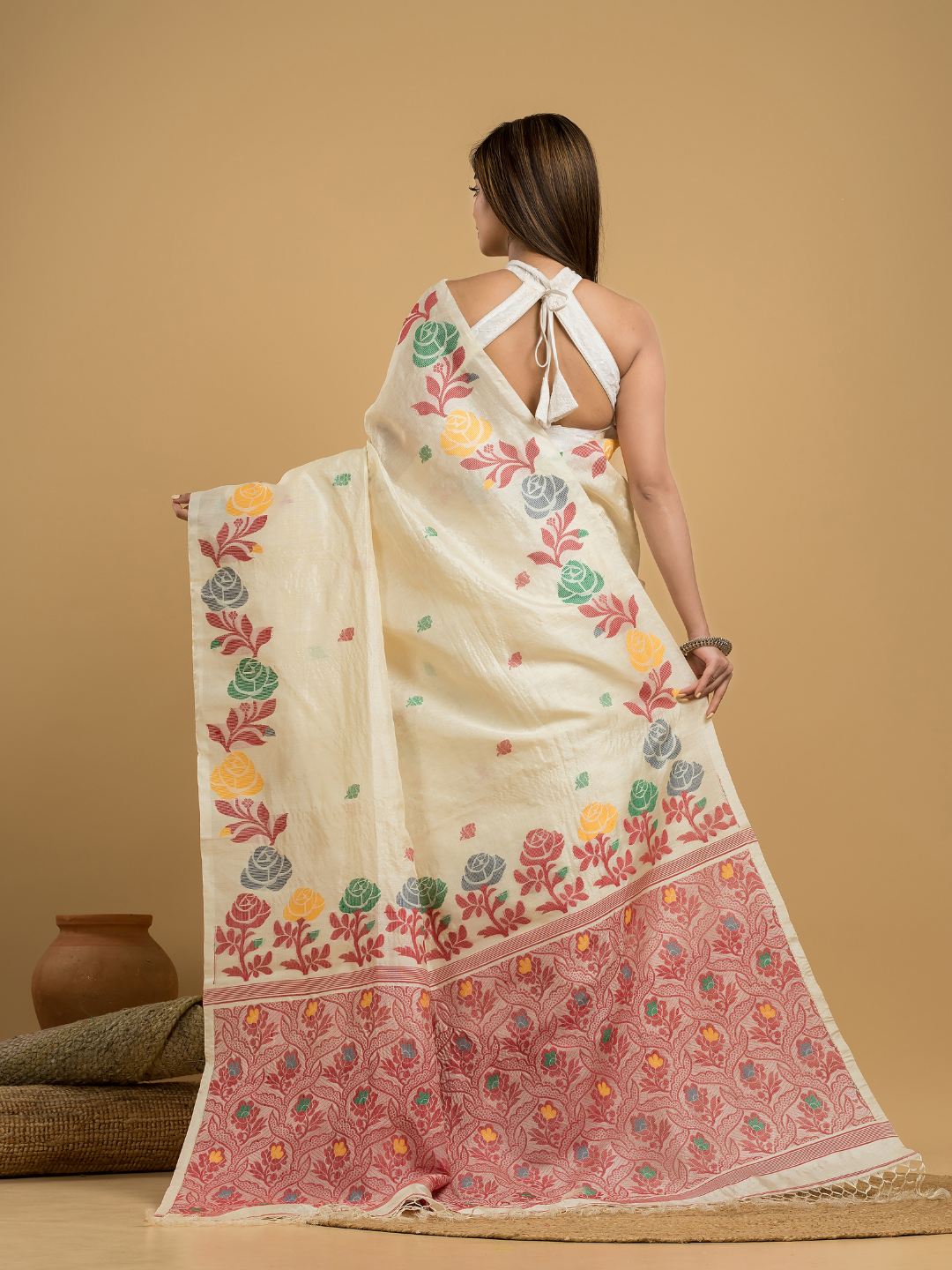 Beige Brown Matka Silk Jamdani Saree - 047