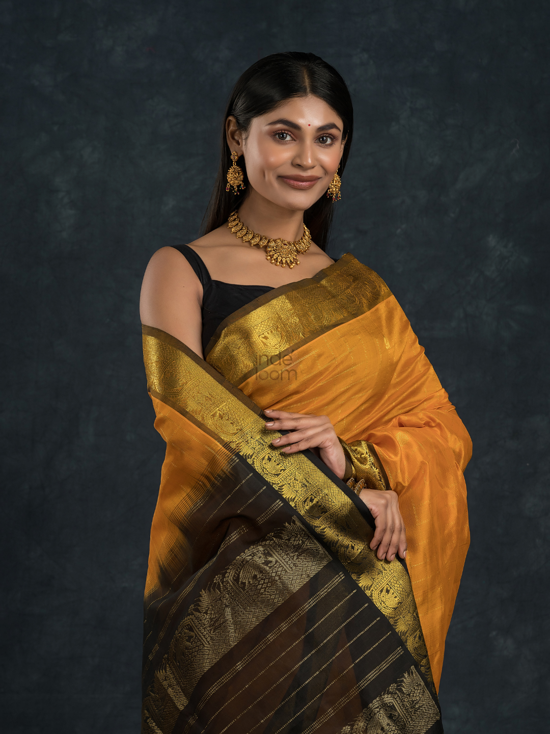 Korvai Saree Checks with small buttas Golden Yellow with Black Border - 139