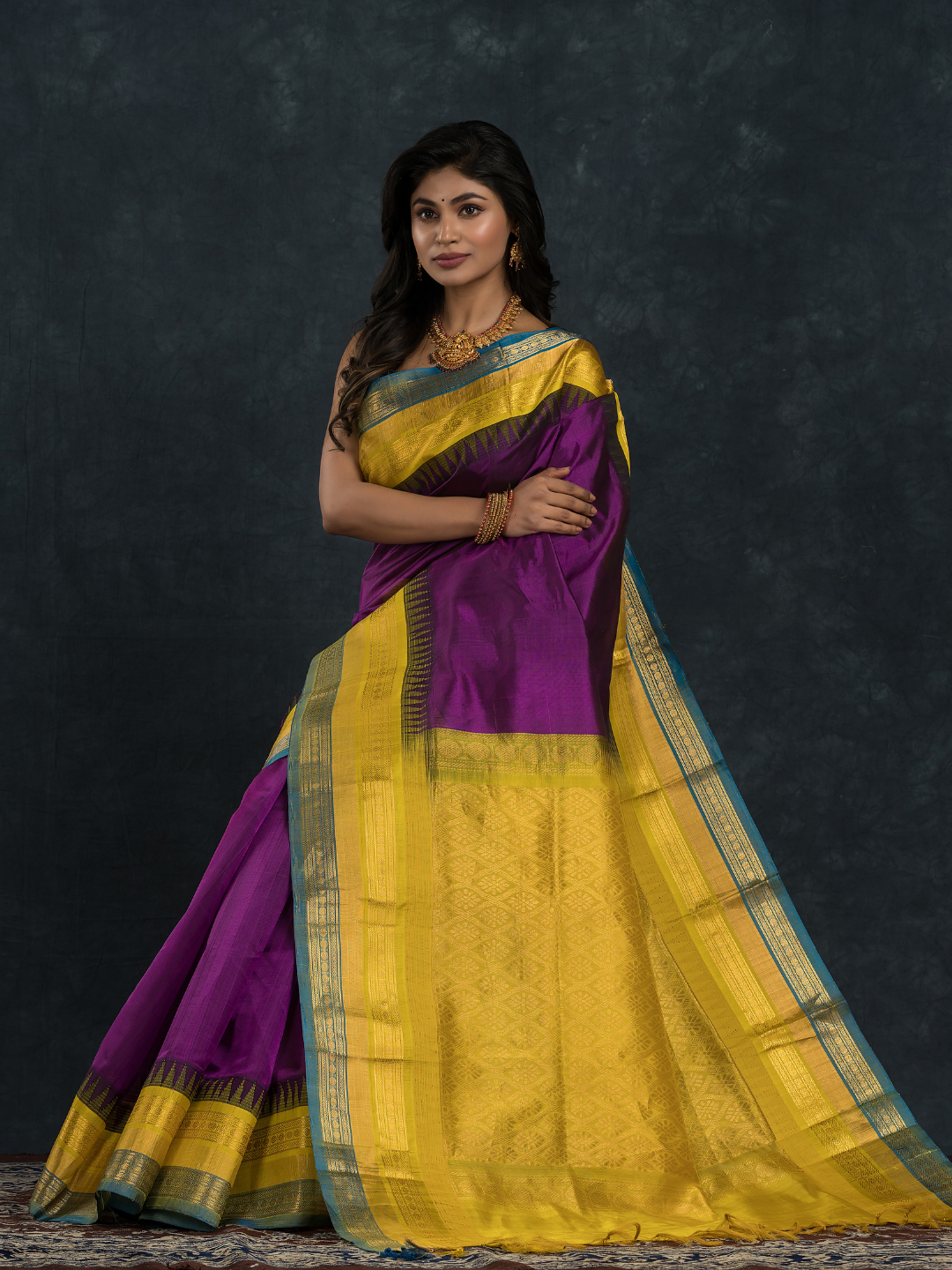 Korvai Saree with Temple border Royal Purple and Blue yellow Border - 162