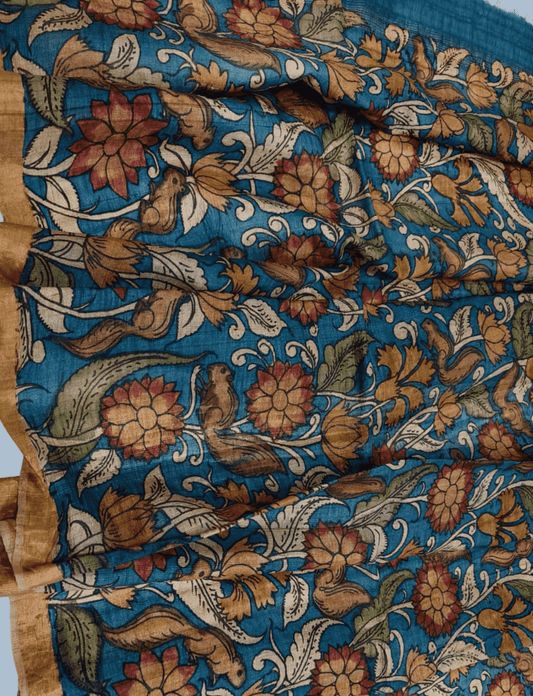 Pen Kalamkari Tussar Silk Dupatta in Ocean Blue -011