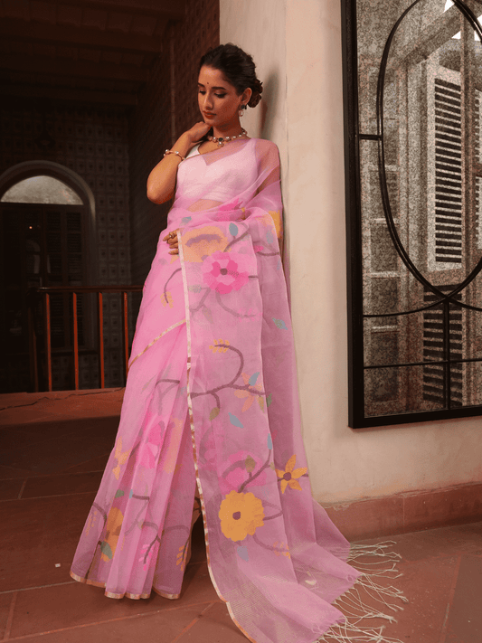 Rose Pink Hand Made Jamdani Saree -100