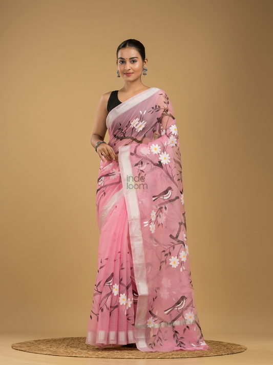 Kota Doria Handpainted Saree With Baby Pink - 005