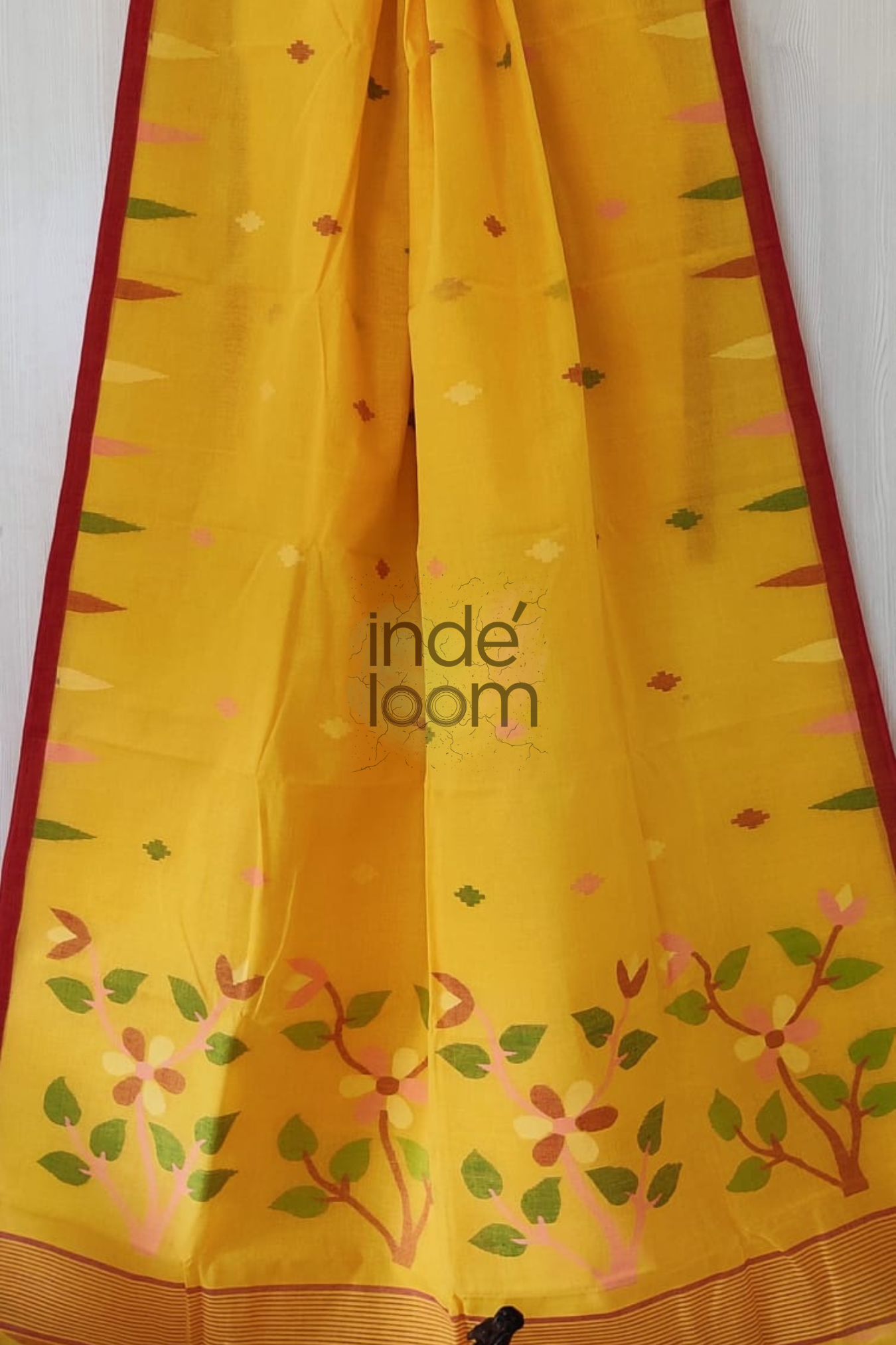 Floral Golden Yellow Bengal Pure Cotton Jamdani Saree-008