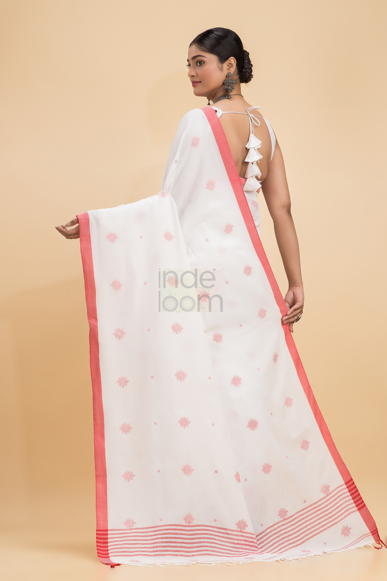 Dewali Saree Handloom Cotton White , Red Dots and  Border-005