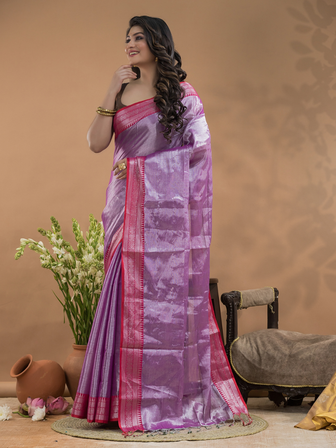 Shaded Golden Pink Tissue Silk Saree-034