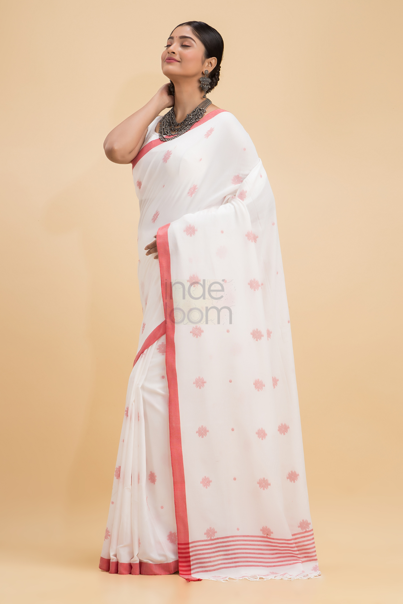 Dewali Saree Handloom Cotton White , Red Dots and  Border-005