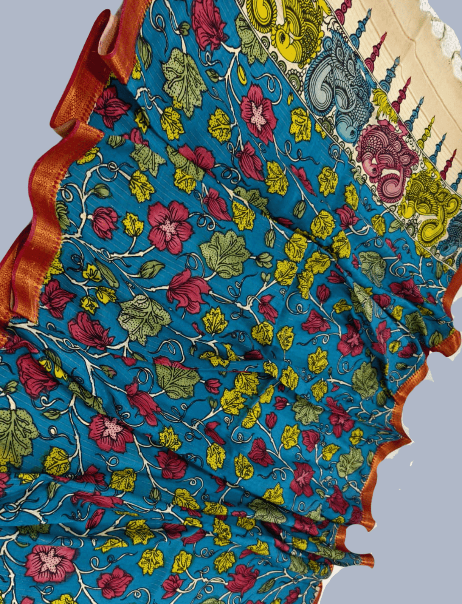 Bangalore Silk Pen kalamkari dupatta in Sea Blue -050 - indeloom