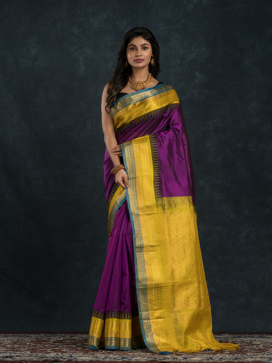 Korvai Saree with Temple border Royal Purple and Blue yellow Border - 162