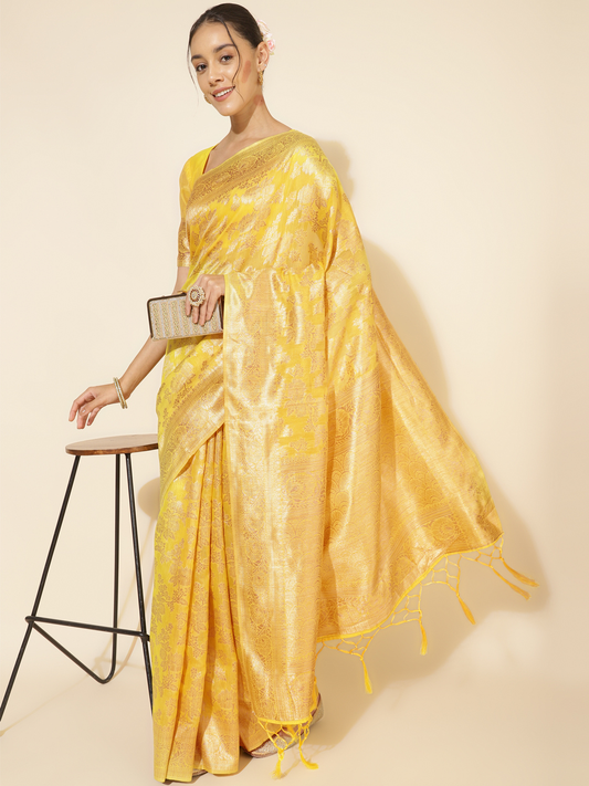 Chanderi Silk Floral Saree In Golden Yellow (Precision Looms) - 010