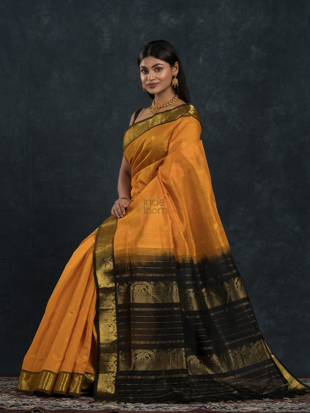 Korvai Saree Checks with small buttas Golden Yellow with Black Border - 139