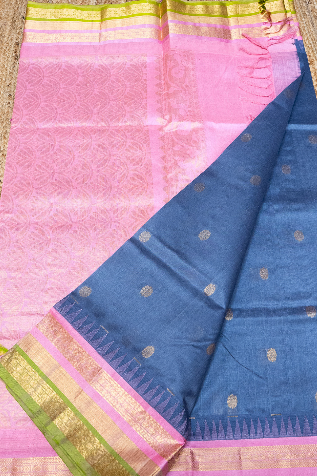 Pigeon Blue with Olive green temple border and Pink pallu Korvai Saree -158