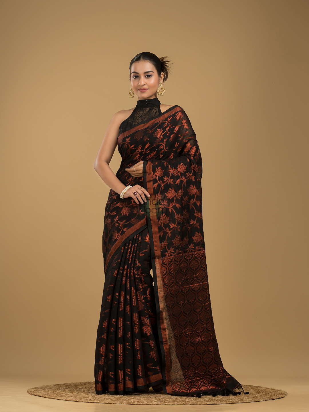 Ink Black Linen X Silk  Jamdani Saree  - 005