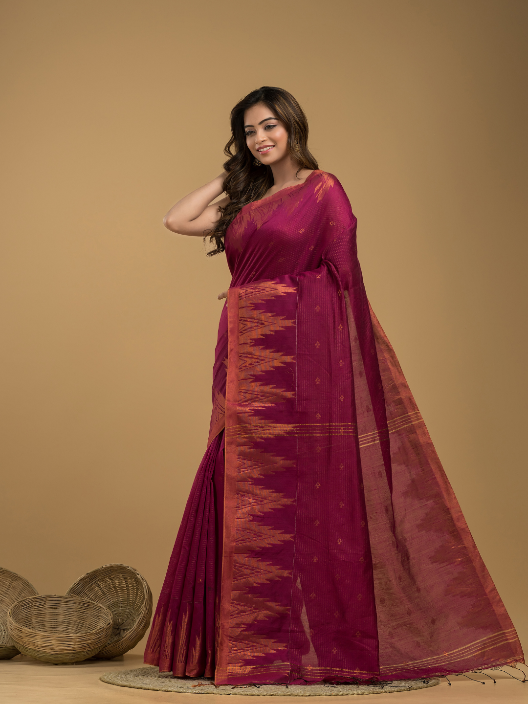 Rose Red Cotton Silk Jamdani Saree - 024