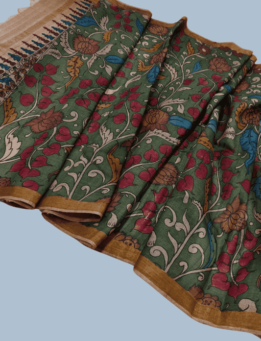 Pen Kalamkari Tussar Silk Dupatta in Hunter Green -034