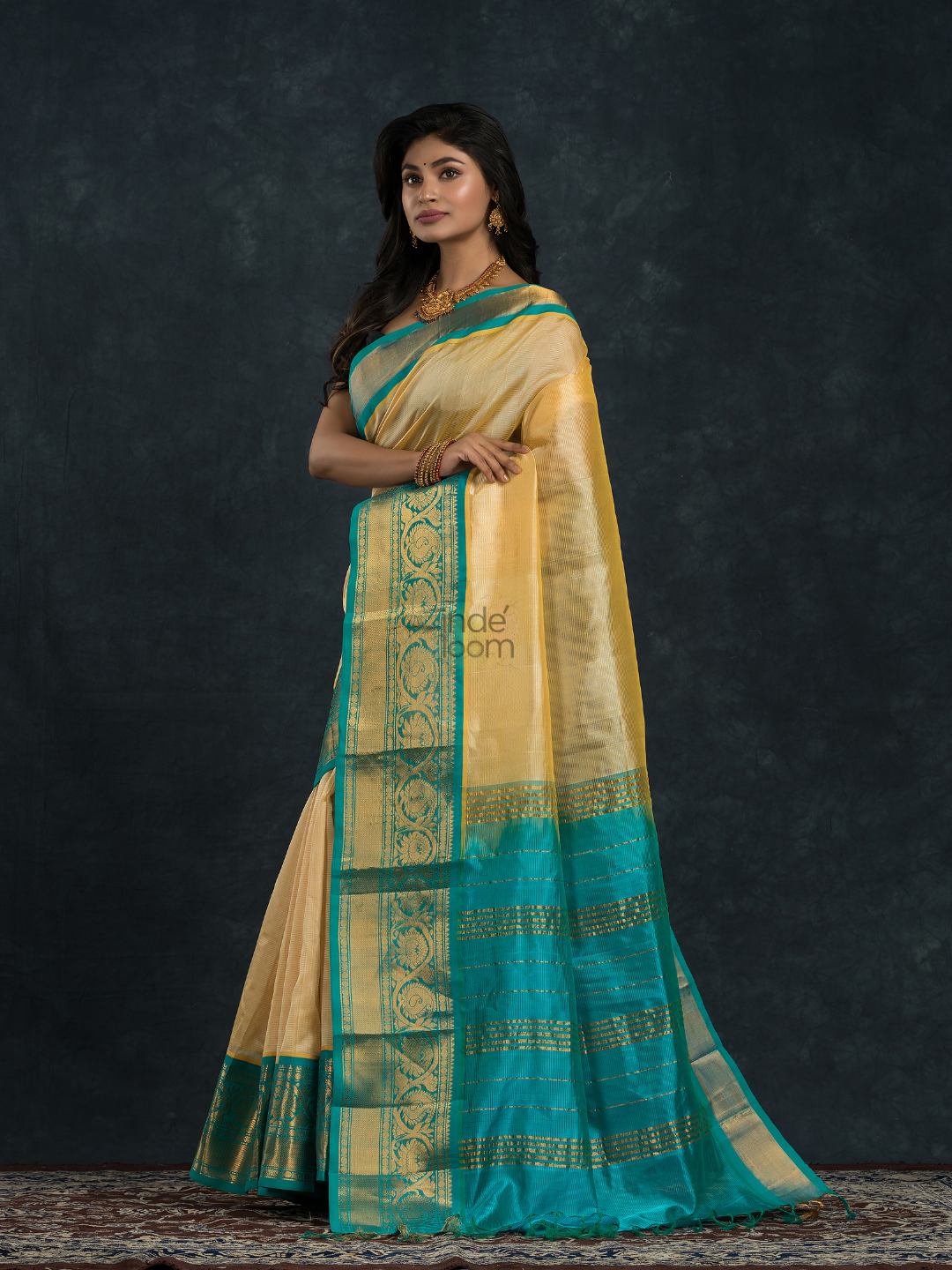 Korvai Saree Light Yellow and Blue Border - 111