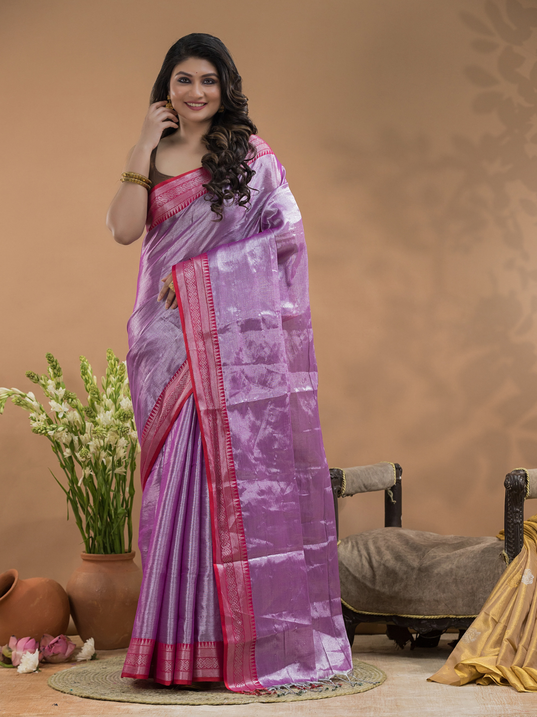 Shaded Golden Pink Tissue Silk Saree-034