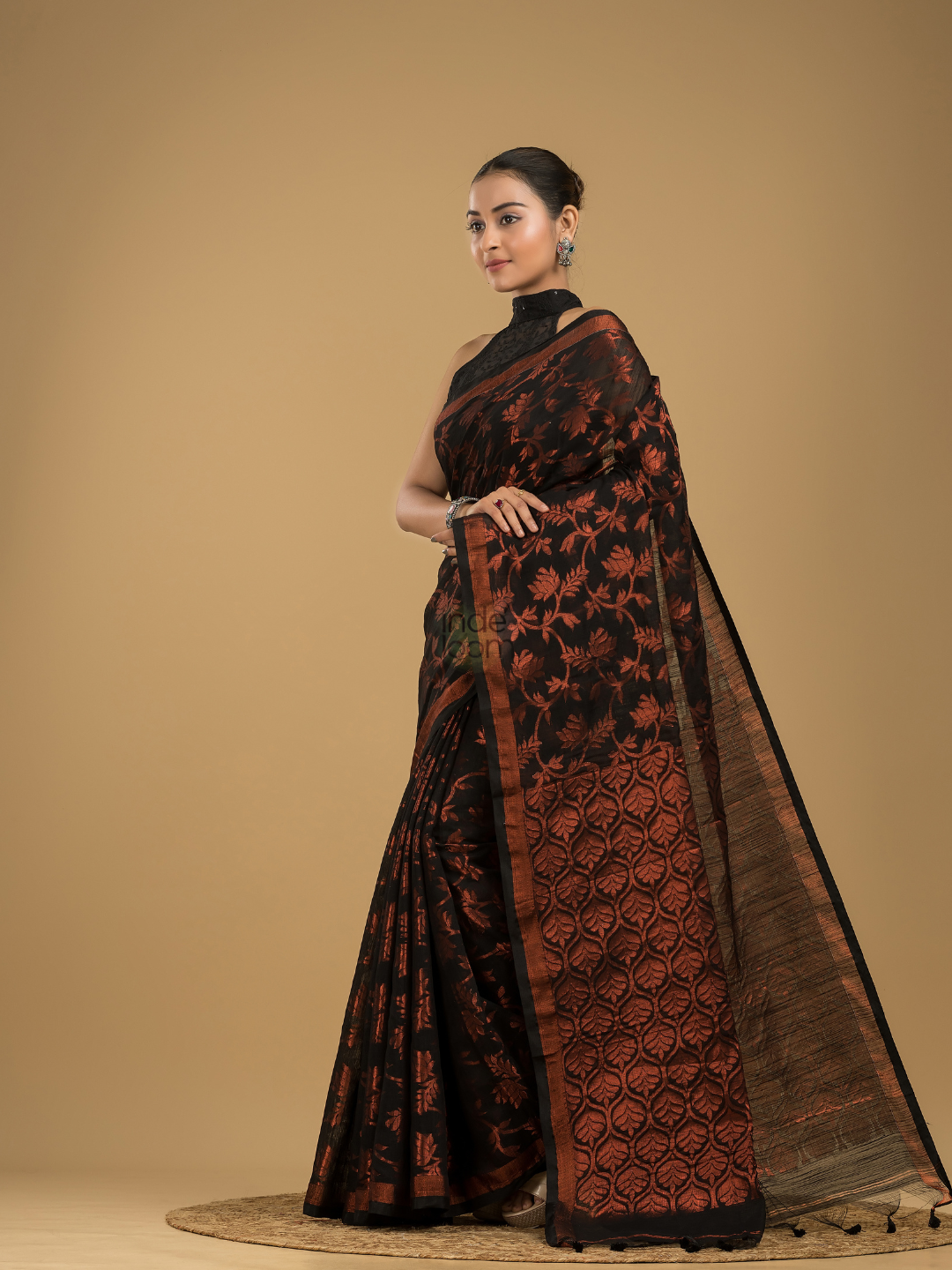 Ink Black Linen X Silk  Jamdani Saree  - 005