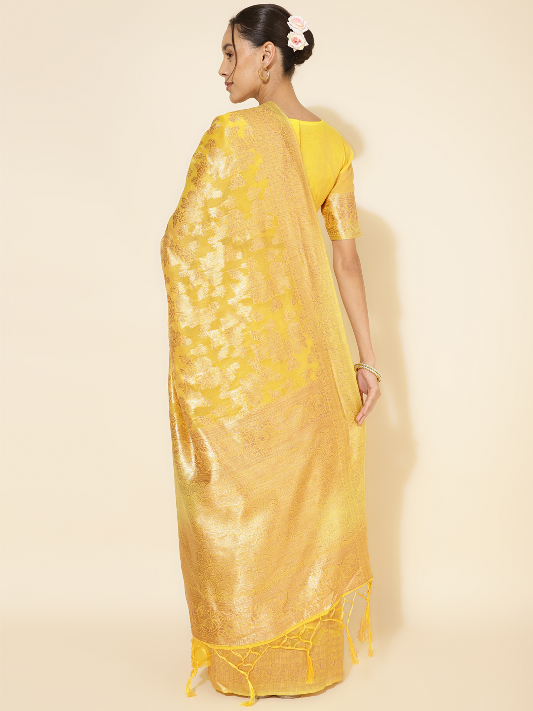 Chanderi Silk Floral Saree In Golden Yellow (Precision Looms) - 010