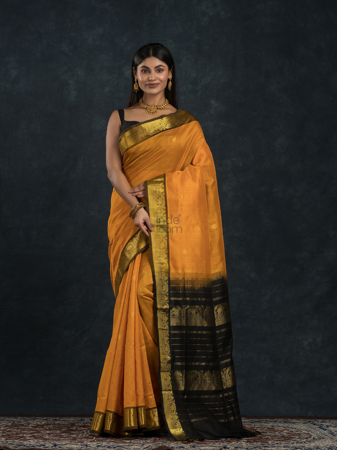 Korvai Saree Checks with small buttas Golden Yellow with Black Border - 139