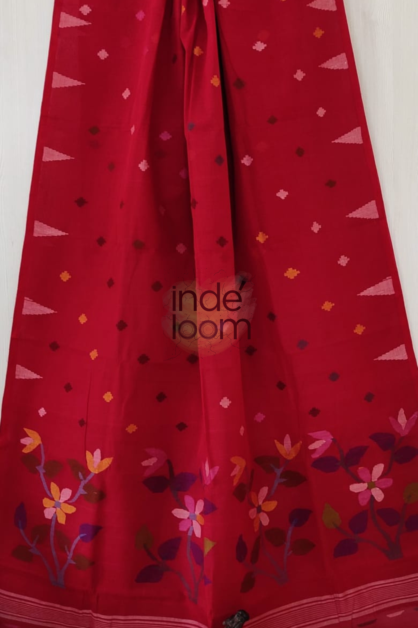 Floral Cherry Red Bengal Pure Cotton Jamdani Saree-010