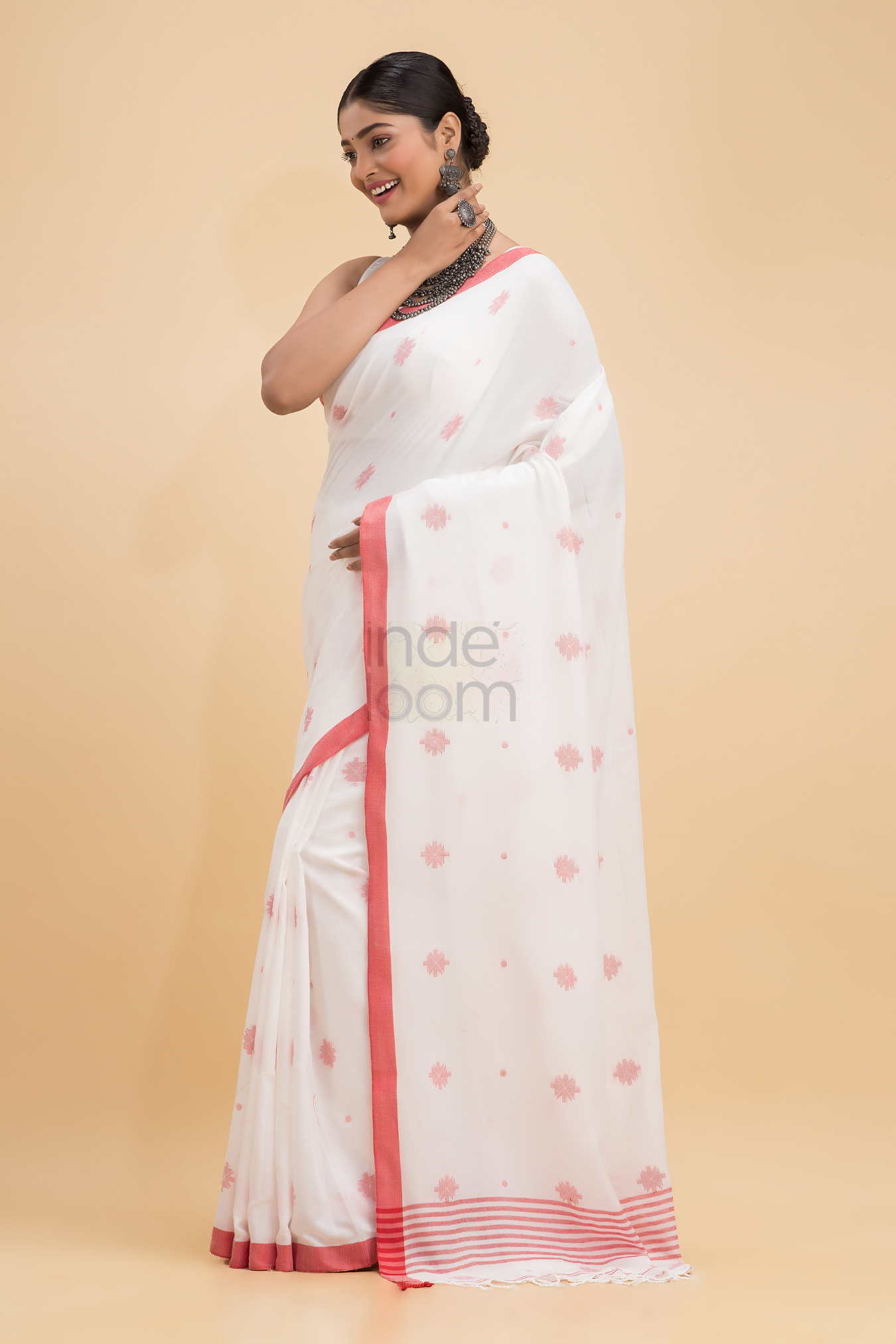 Dewali Saree Handloom Cotton White , Red Dots and  Border-005