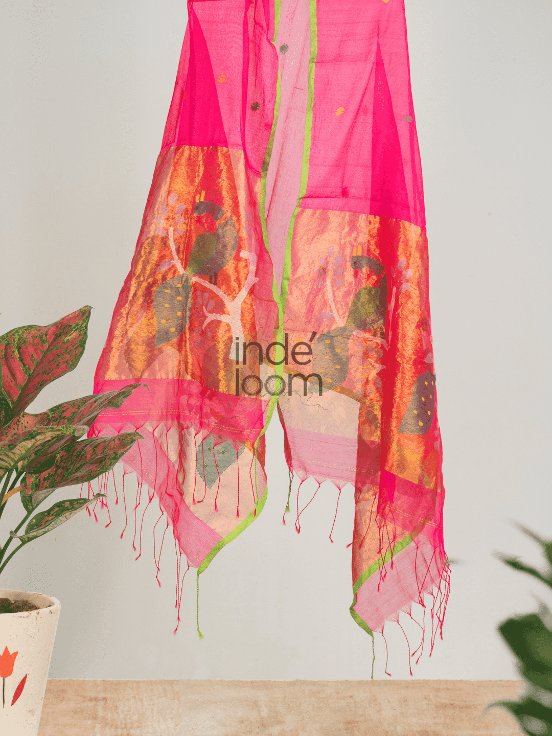 Hot Pink Paithani Jamdani Dupatta -015 - indeloom