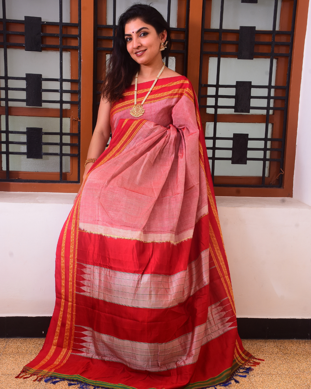 Pure Ilkal Silk Saree in Pink with Red and Yellow border - 041