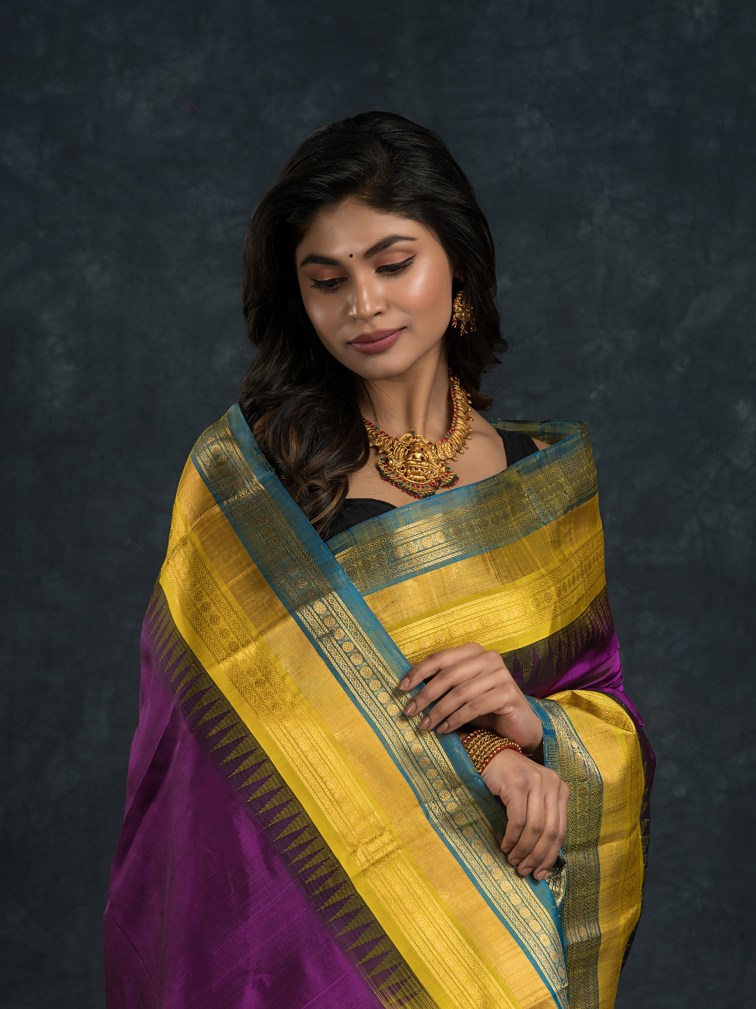 Korvai Saree with Temple border Royal Purple and Blue yellow Border - 162