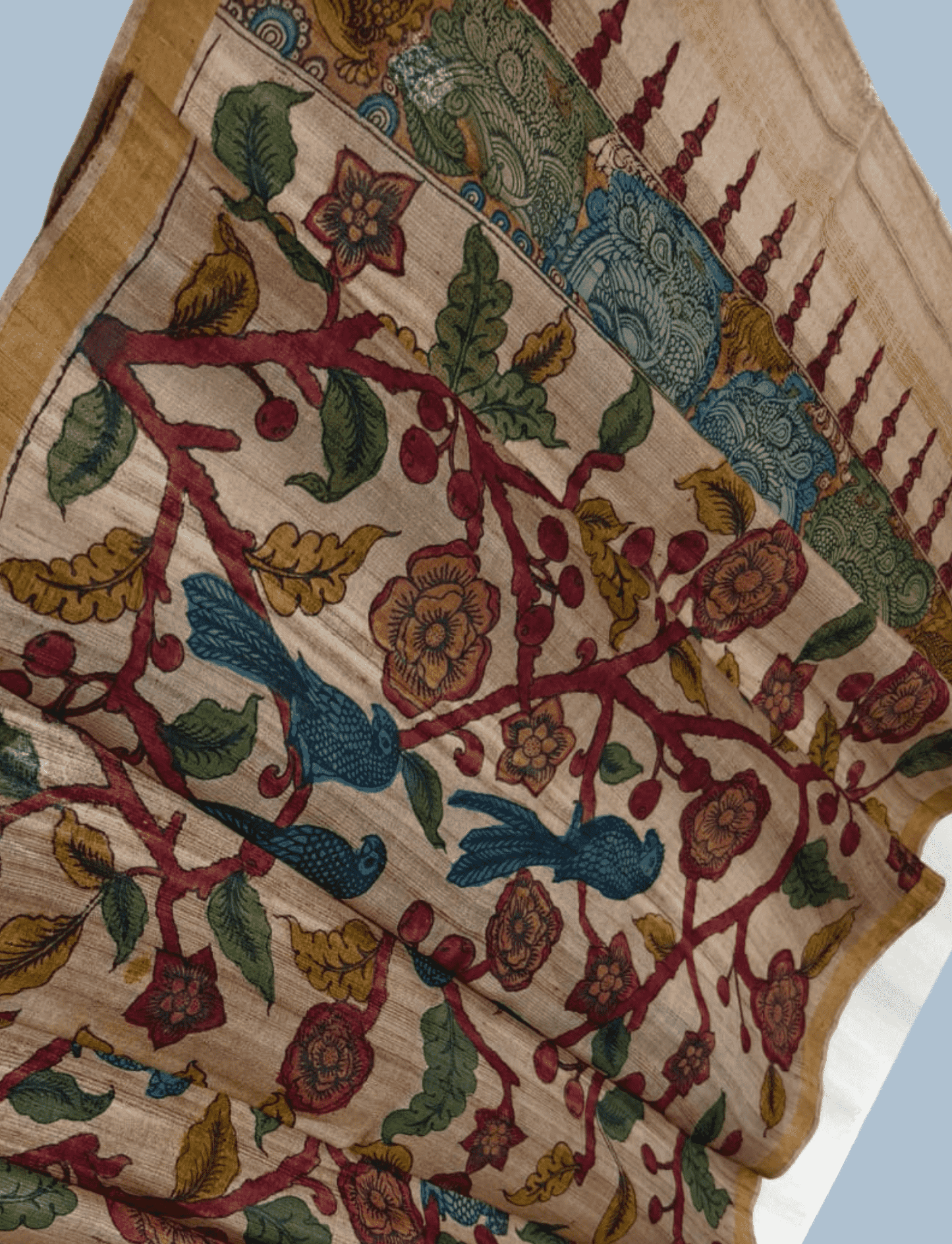 Pen Kalamkari Tussar Silk Dupatta in Pale Brown -020