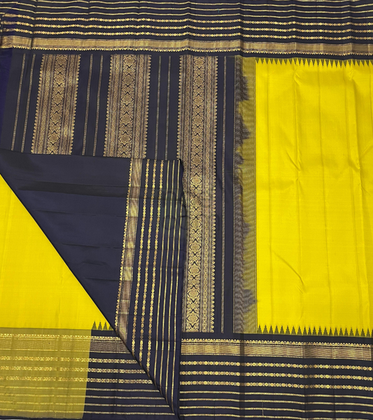 Pure Yellow with Navy Blue Pallu and Golden Striped Zari  Kanjivaram Silk Saree -007