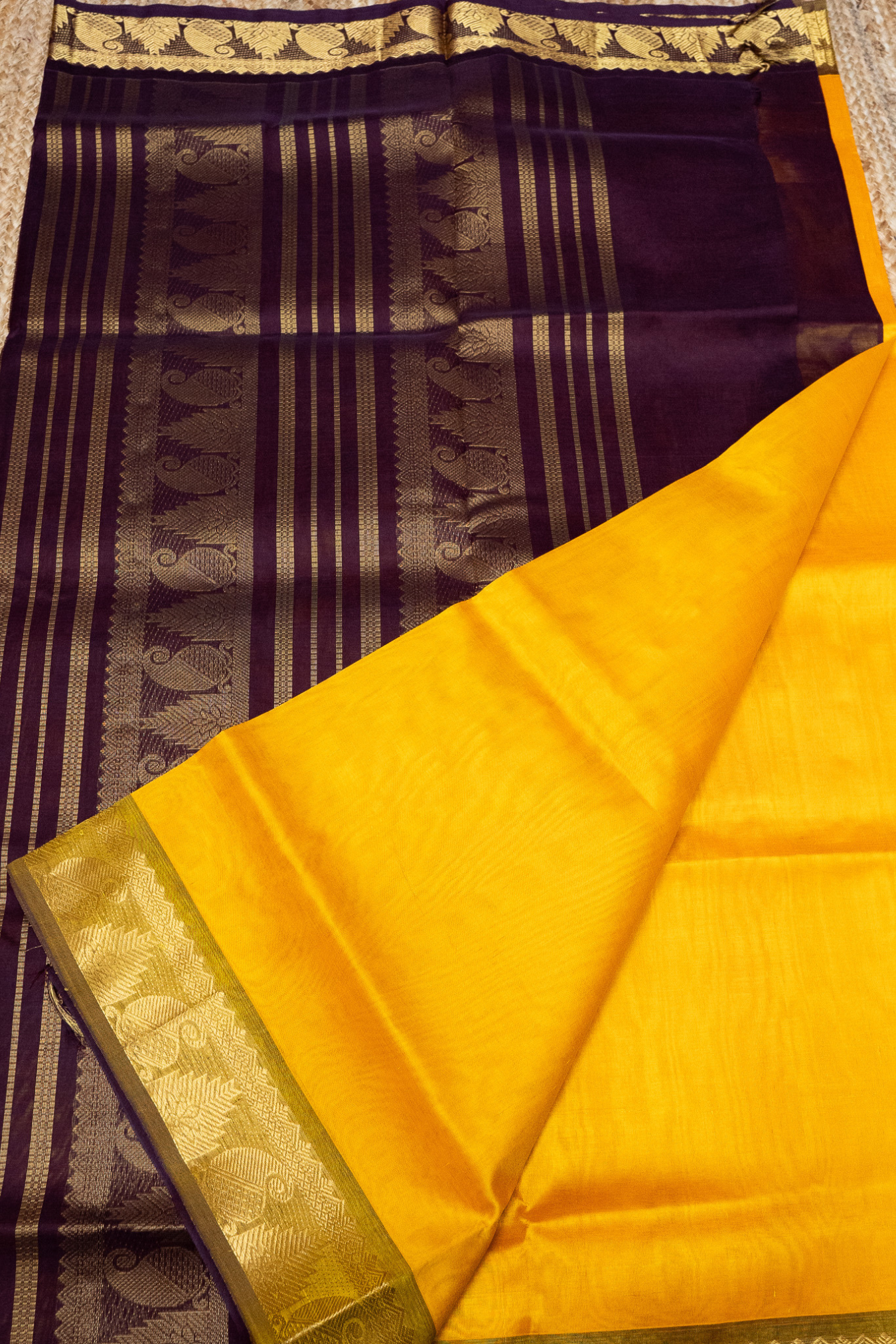 Golden Yellow with Olive green border and  Brown pallu Korvai Saree -145