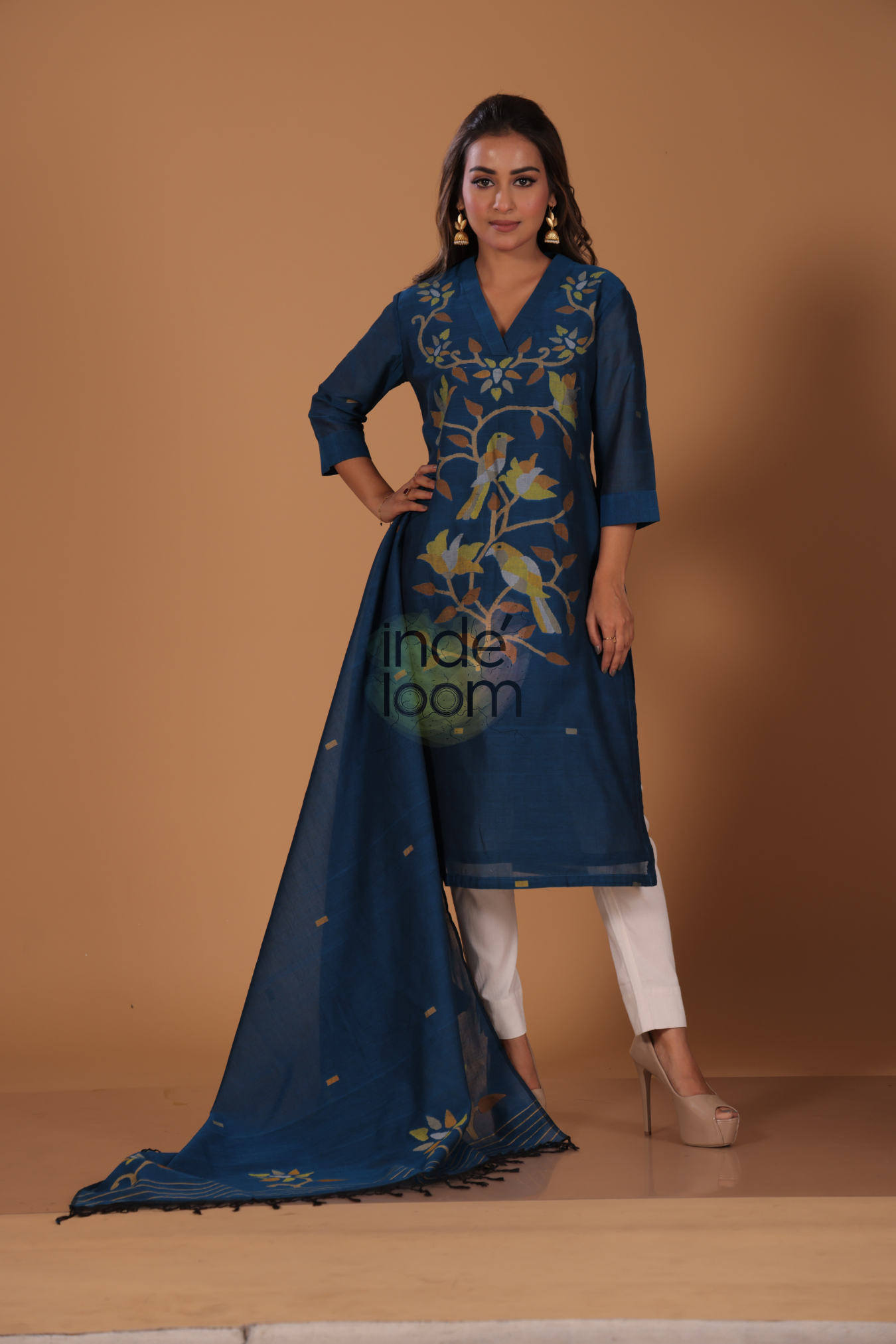 Muslin Jamdani 2-Piece Set Kurti & Dupatta (UNSTITCHED) - Dark Blue - 088