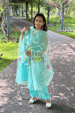 Muslin Jamdani 2-Piece Set Kurti & Dupatta (UNSTITCHED) - Bright Aqua Green - 072