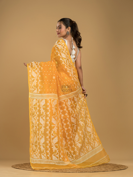 Amber Orange Cotton Silk Jamdani Saree - 001