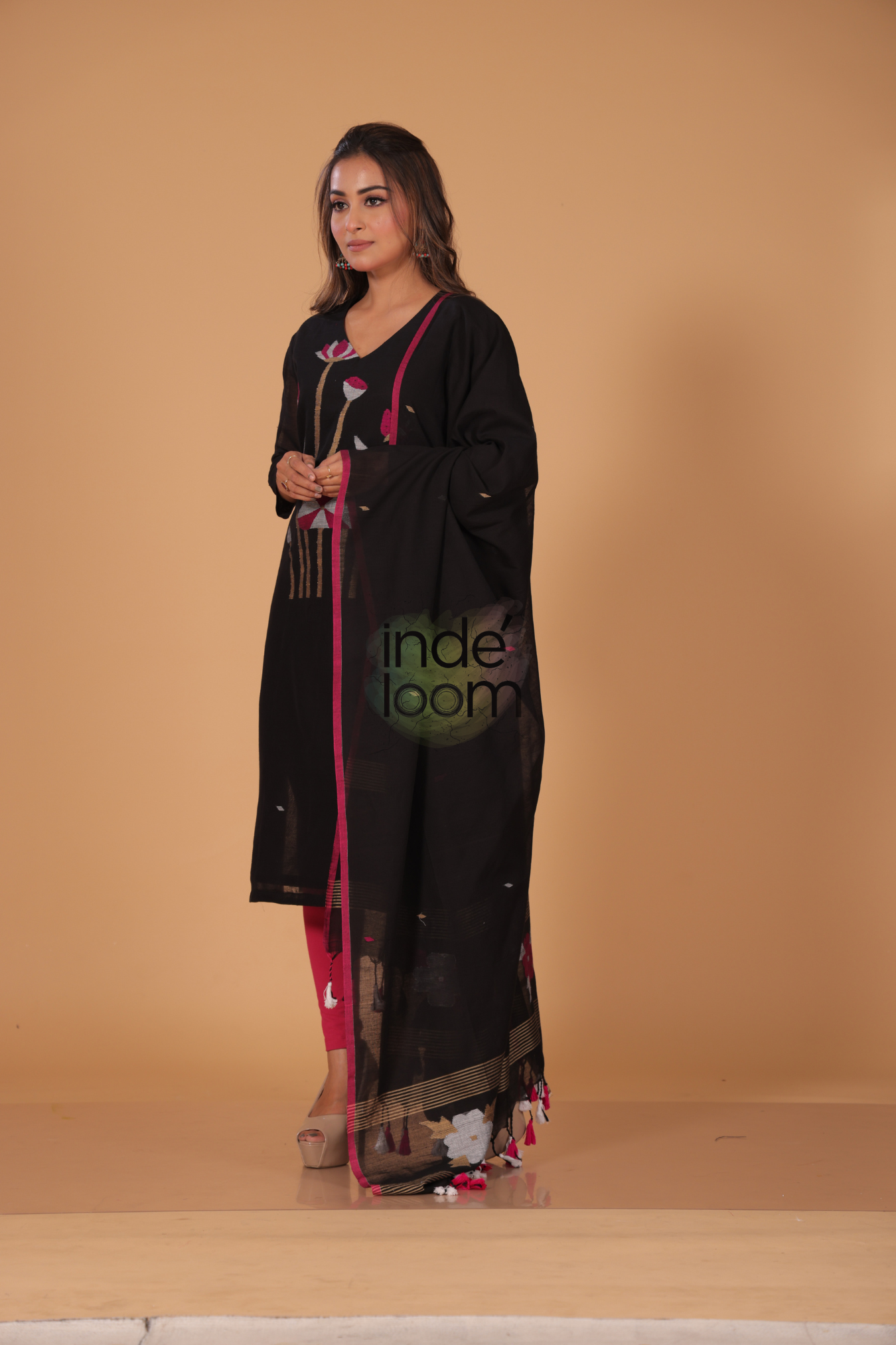 Muslin Jamdani 2-Piece Set Kurti & Dupatta (UNSTITCHED) - Rich Black - 080