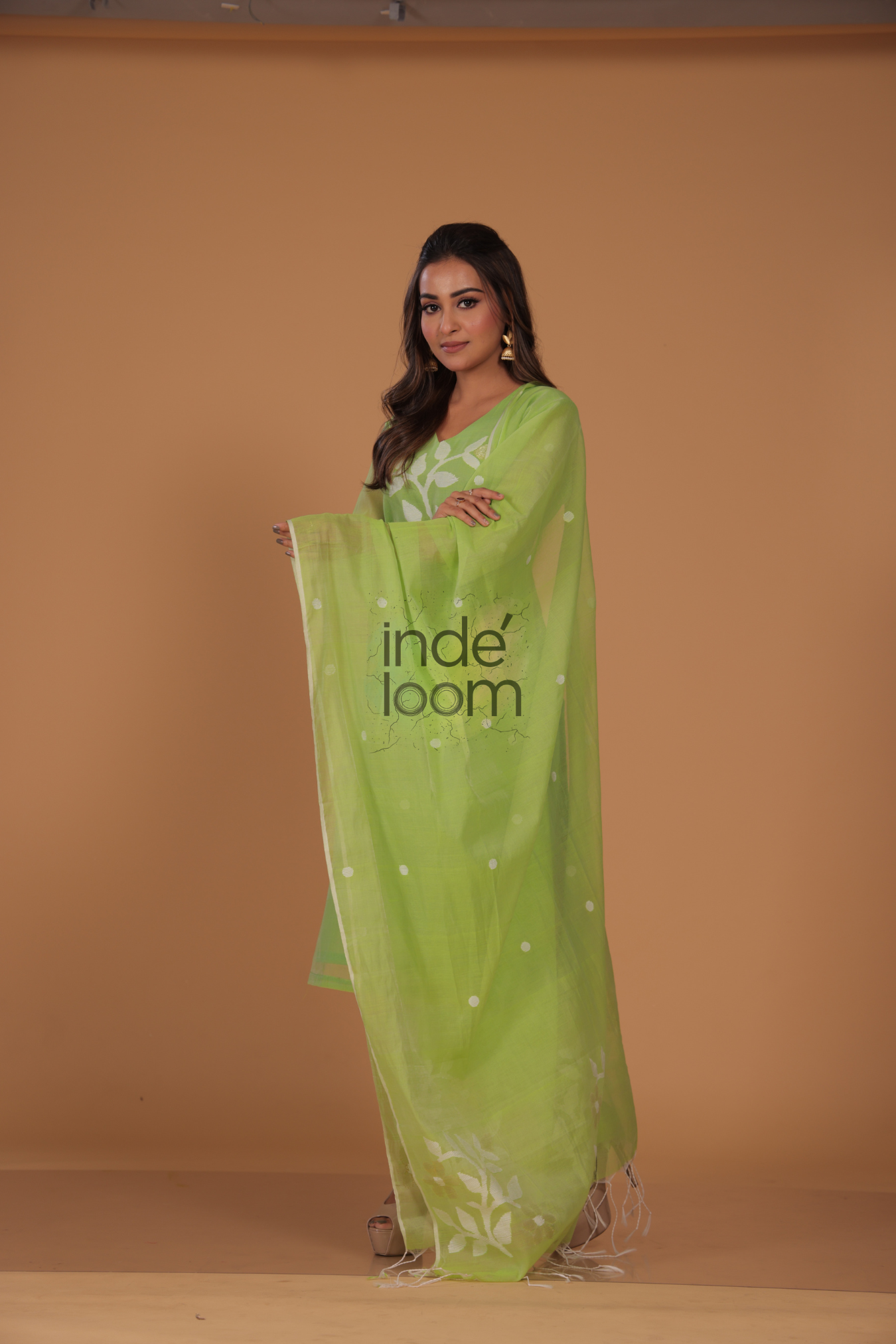 Muslin Jamdani 2-Piece Set Kurti & Dupatta (UNSTITCHED) - Leaf Green - 075