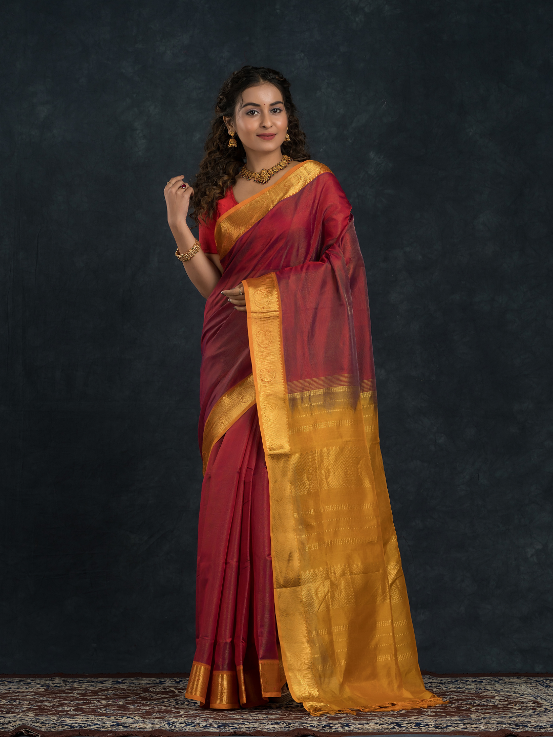 Korvai Saree With Chilli Red and Golden Yellow Border- 023