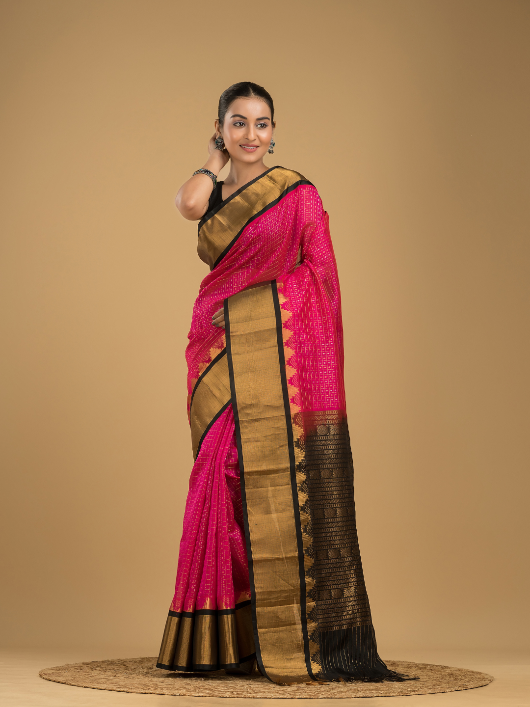 Korvai Saree Lakshadeepam Hot Pink with Black Border - 114