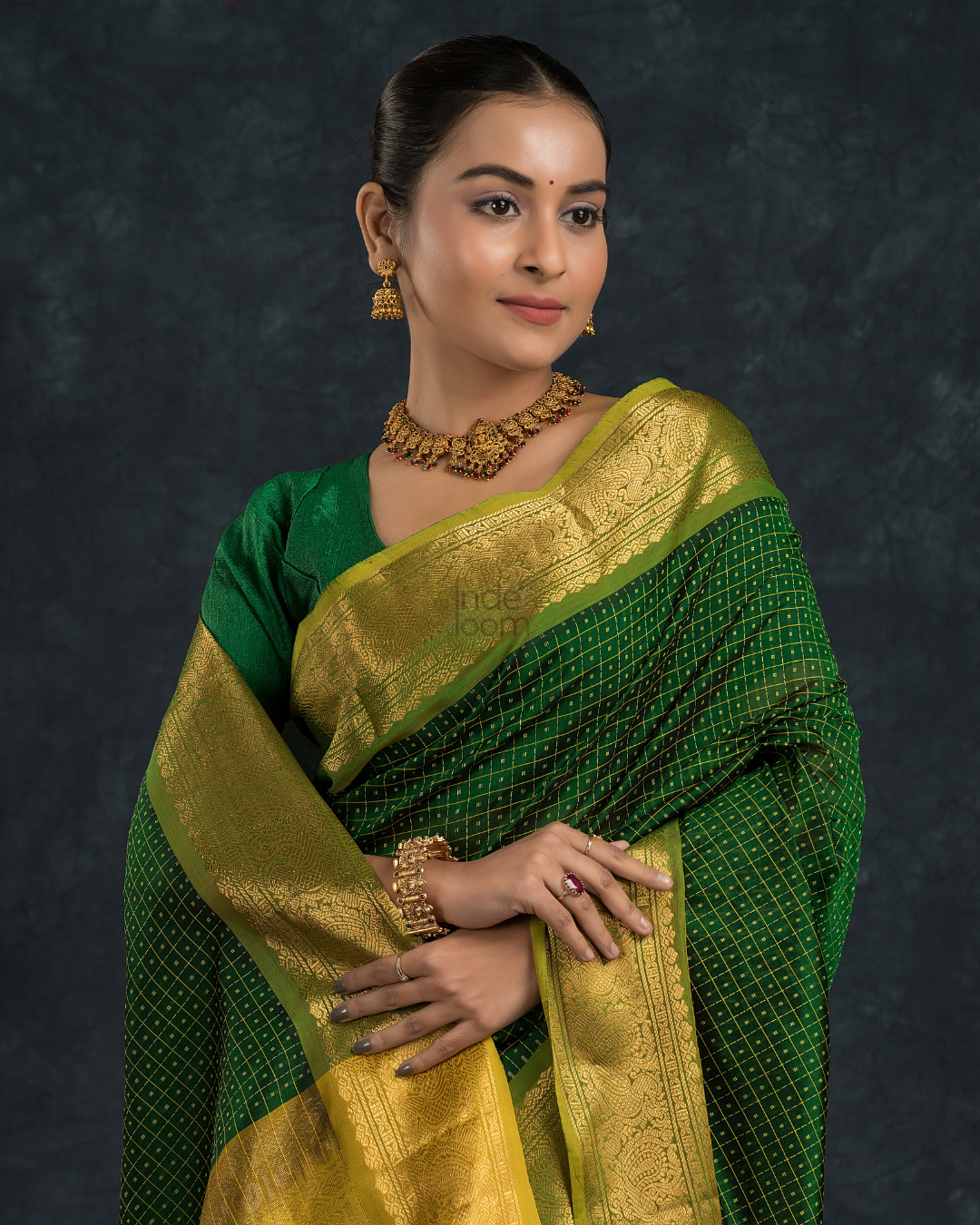 Pure Handloom Korvai Silk Cotton Kattam Saree in Leaf Green with Gold Border - 142