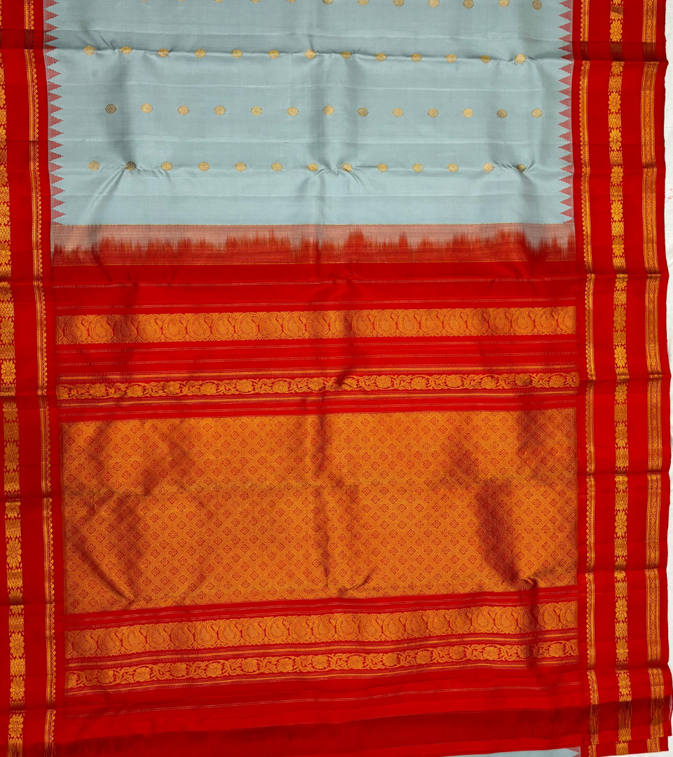 Stone Blue and Red Border Gadwal Silk Saree- 052